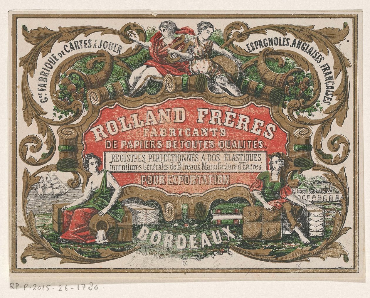 Visitkort från Rolland Frères, papperstillverkare i Bordeaux av Monogrammist PC (lithograaf)
