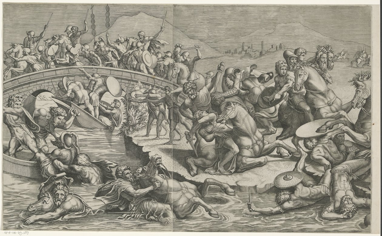Slaget vid Milvian Bridge (vänster delar) av Monogrammist SK (prentmaker)