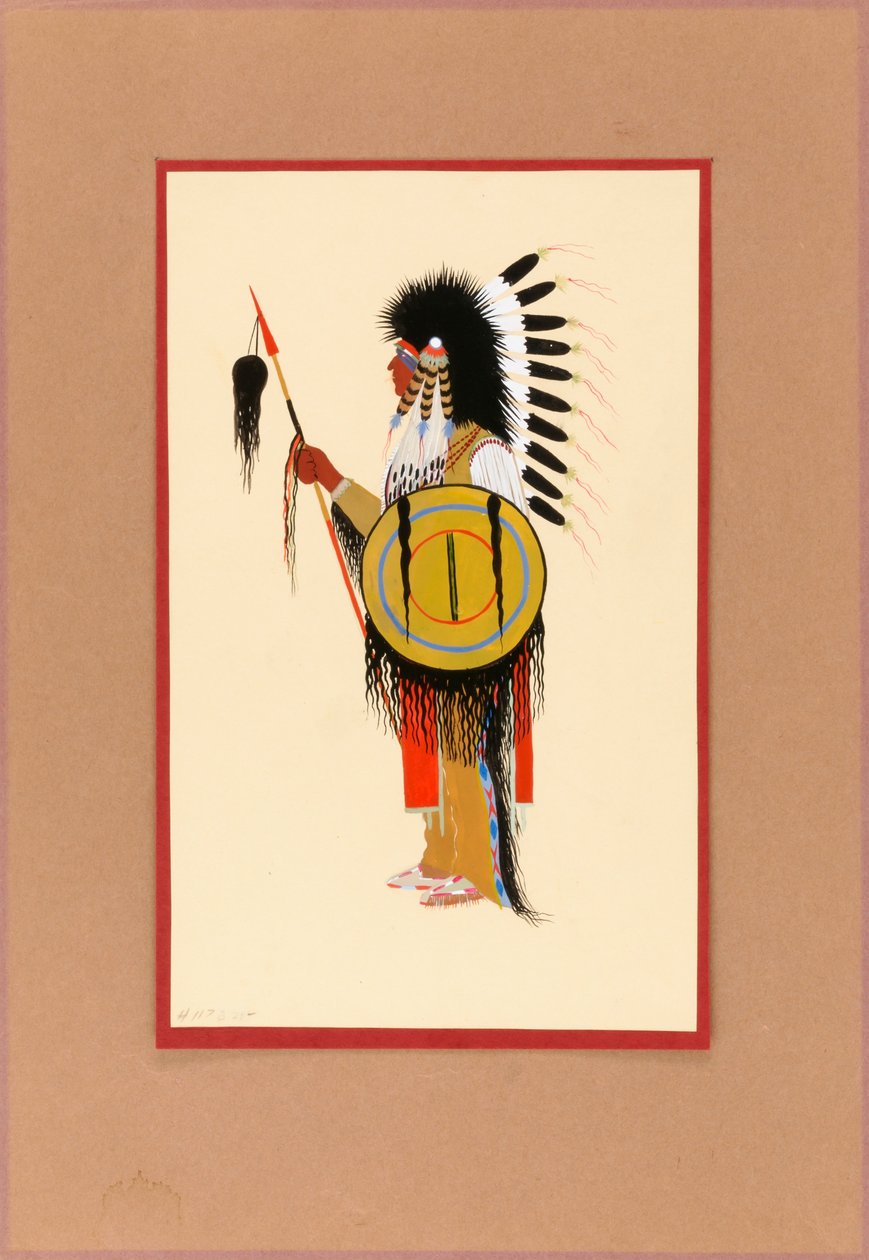 Cheyenne Warrior i fjäderhuvudbonad med sköld, ca. 1915-1937. av Monroe Tsatoke