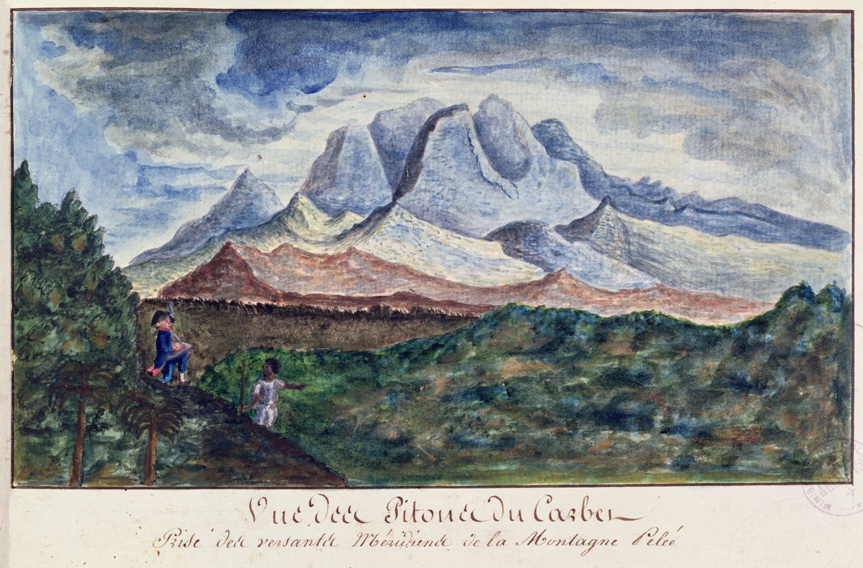 Utsikt över Pitons du Carbet från Mount Pelee, Martinique, ca 1815 (akvarell på papper) av Moreau de Jones