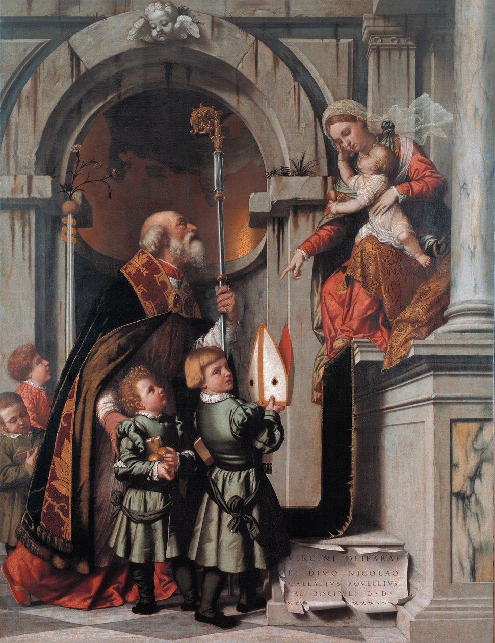 St. Nicholas of Bari presenterar Rovelli-studenterna för Madonna och Child av Moretto da Brescia