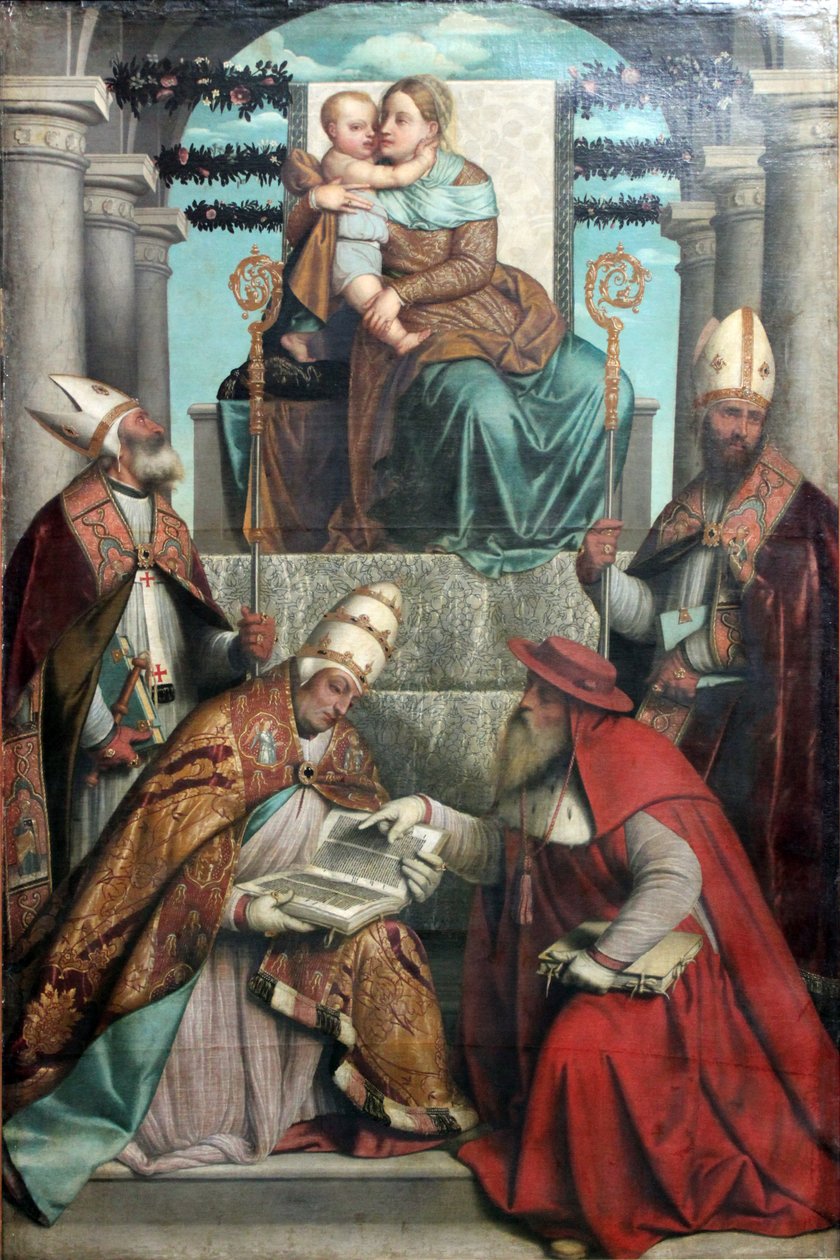 Virgin and Child Enthroned with the Four Fathers of the Latin Church av Moretto da Brescia