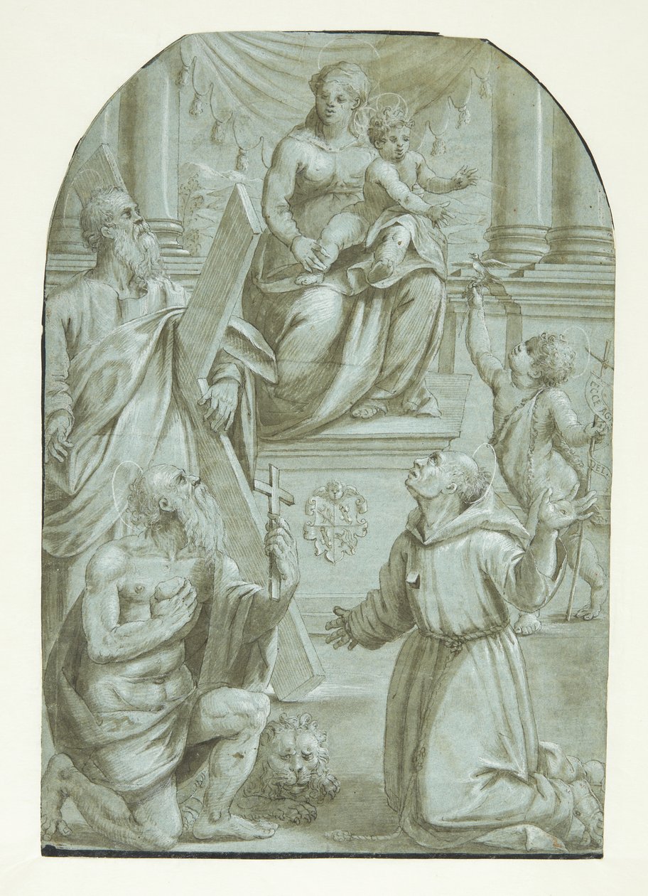 Maria med Jesusbarnet på tronen, omgiven av aposteln Andreas, Johannes döparen som barn, den helige Hieronymus och den helige Franciskus av Assisi av Moretto da Brescia