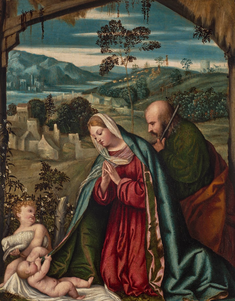 Den heliga familjen i ett landskap av Moretto da Brescia