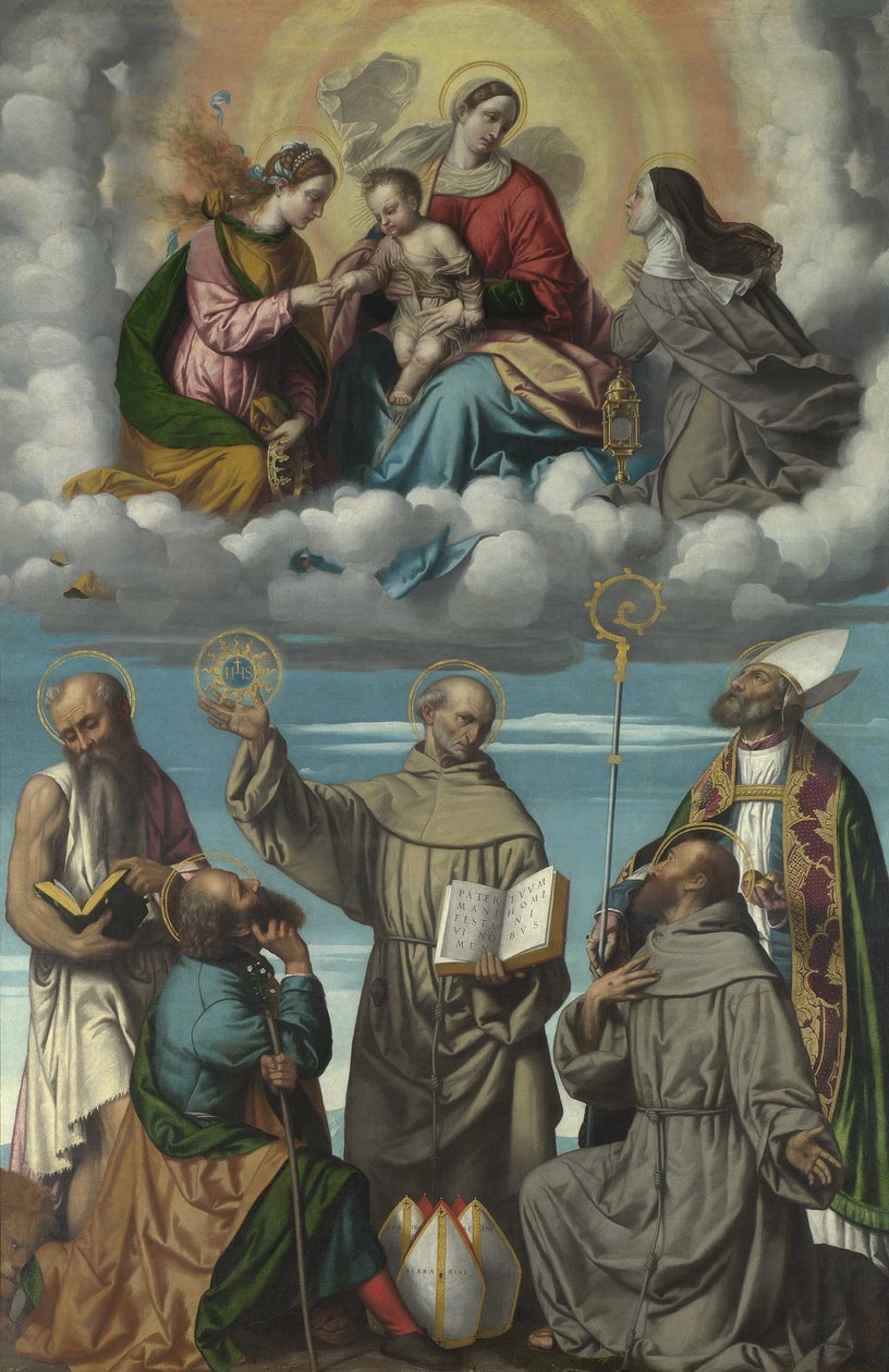 Jungfrun och barnet med Saint Bernardino och andra heliga av Moretto da Brescia
