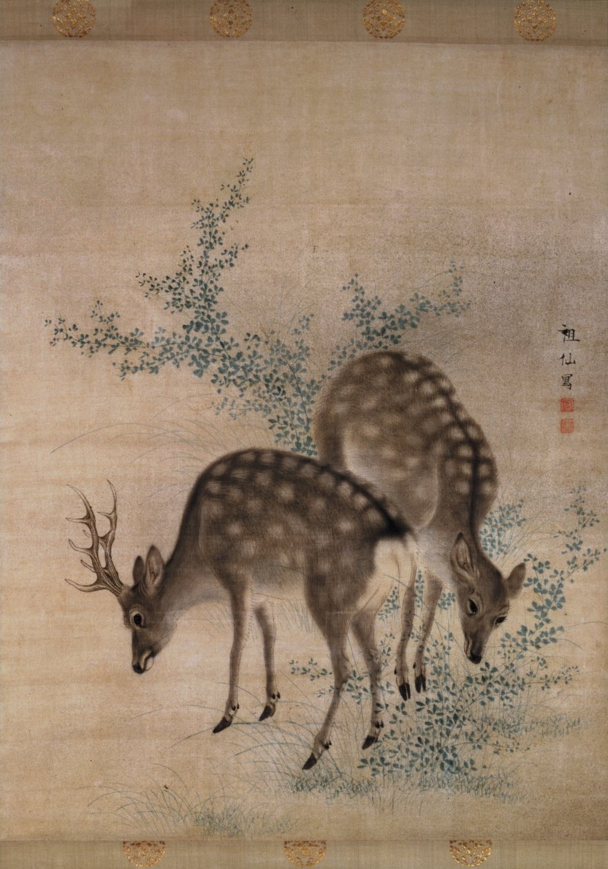 Rådjur som betar, ca 1790 (akvarell på siden) av Mori Sosen