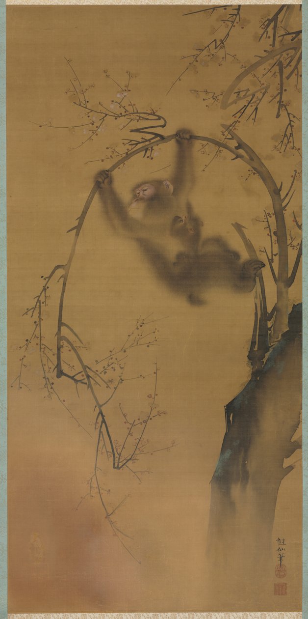 Apor i ett körsbärsträd, apor på en klippavsats, 1615-1868. av Mori Sosen