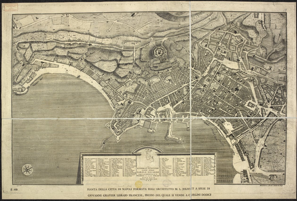 Karta över Neapel, Plan över staden Neapel ... M.L. Jolivet ... belin. [sic] och sclp. 1755 (gravyr) av Morise Lewes Jolivet
