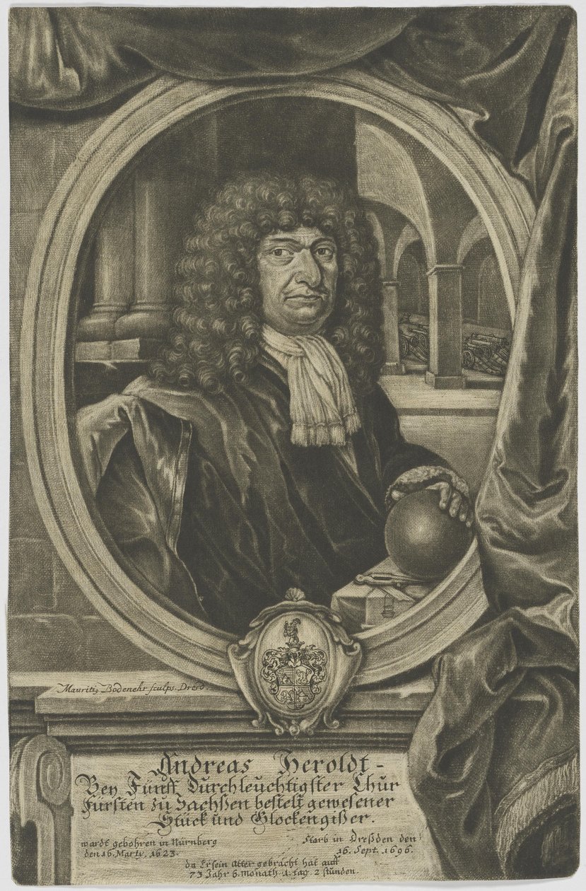Koppargravering av valsaxiska stycket och klockkastaren Andreas Herold (1623–1696) av Moritz Bodenehr