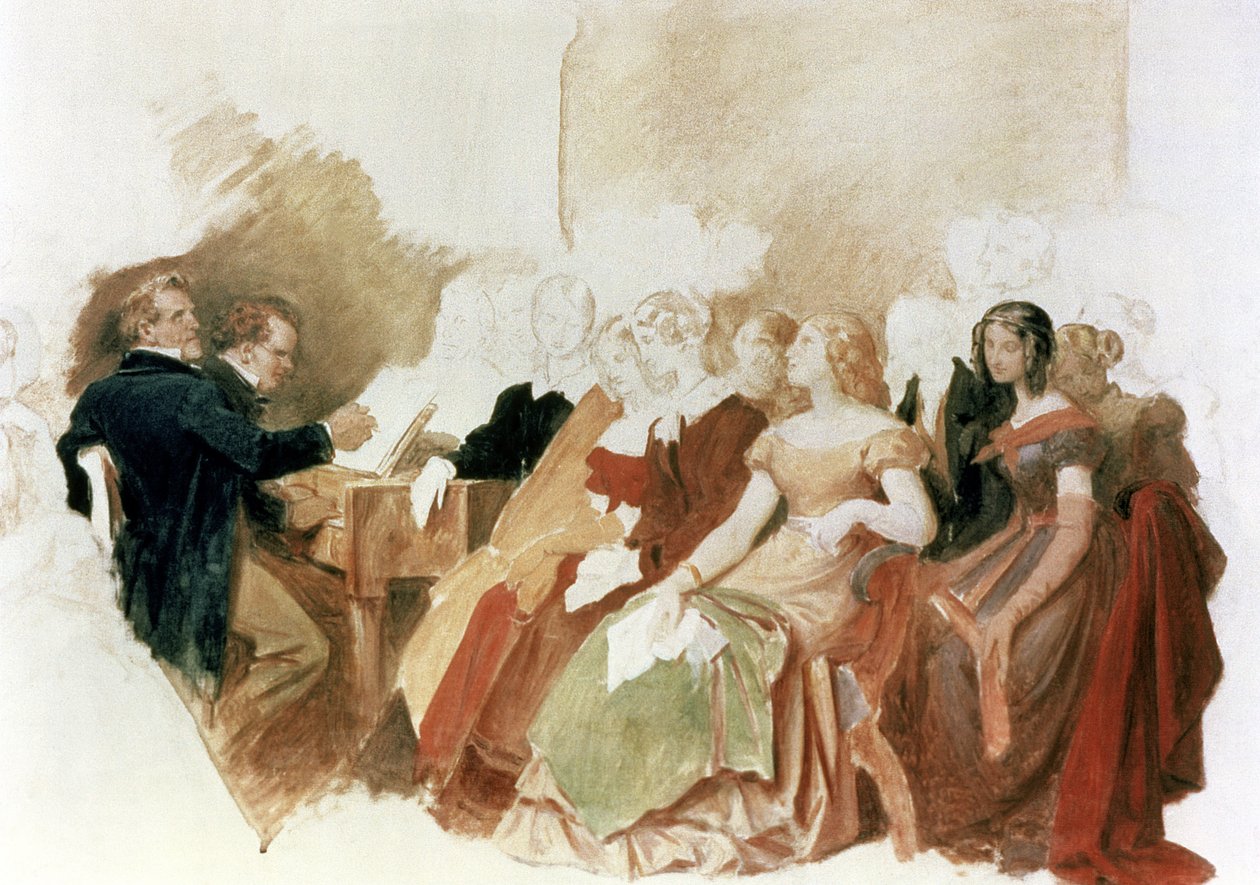 Studera för en kväll hos Baron von Spaun: Schubert vid pianot bland sina vänner, inklusive operabarytonen Johann Vogl (1768-1840) av Moritz Ludwig von Schwind
