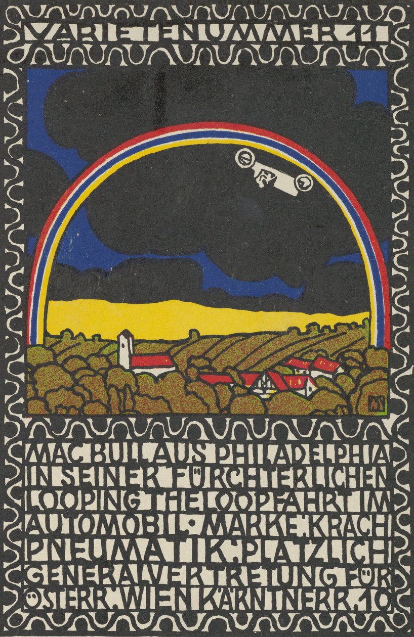 Variety Act 11: Mac Bull från Philadelphia i hans skrämmande loop-the-loop-tur i sin bil ..., 1907. av Moritz Jung