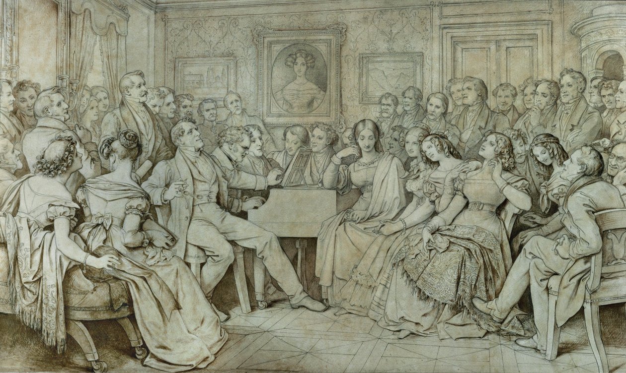 En kväll hos Baron Spaun, Schubert vid pianot, tenoren Johann Michael Vogl sjunger ... (bläck, sepia) av Moritz Ludwig von Schwind