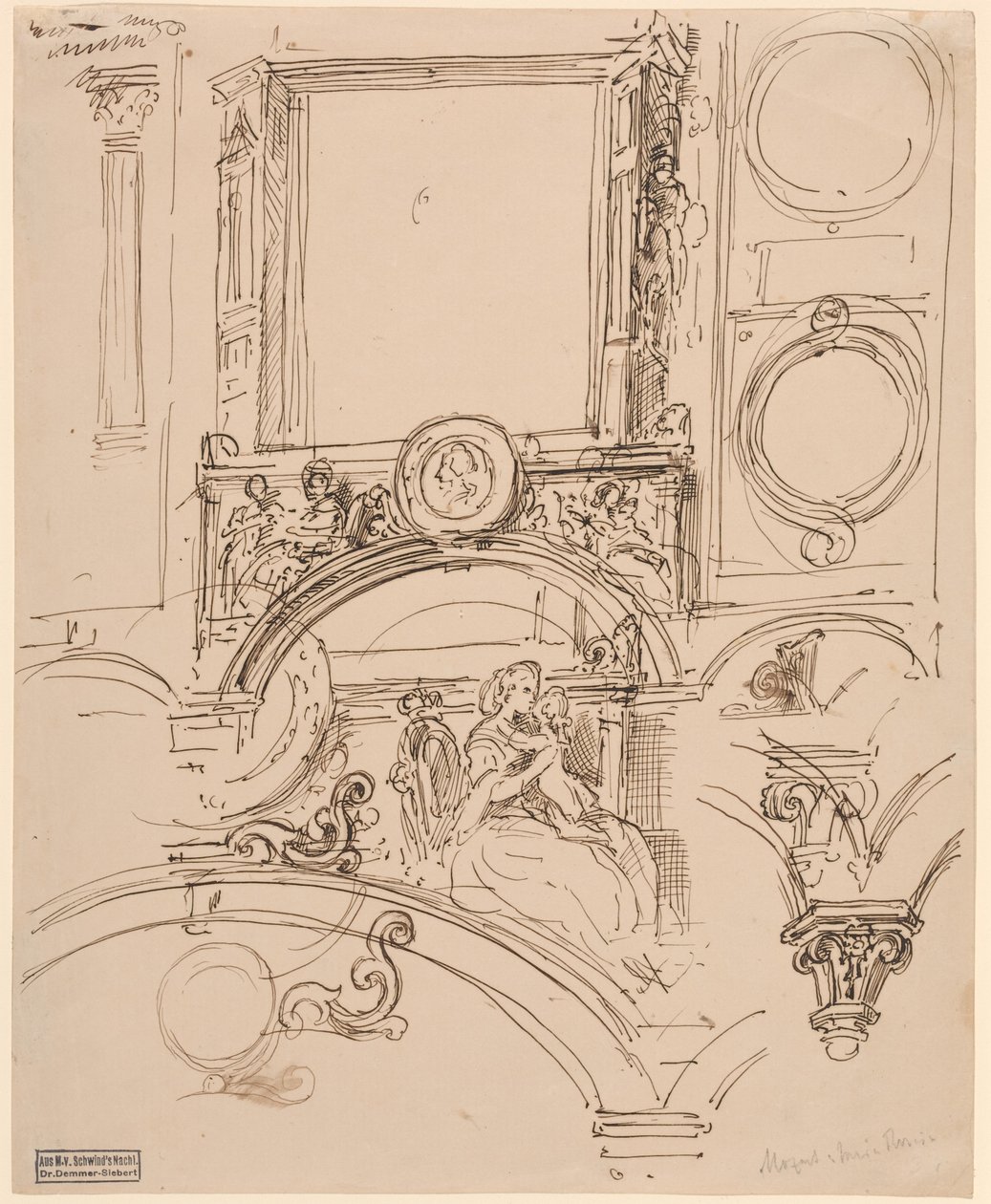 Arkitektoniska detaljer för en väggdekoration med kejsarinnan Maria Theresia som omfamnar den unge Wolfgang Amadeus Mozart, ca 1864 (penna och tusch) av Moritz Ludwig von Schwind