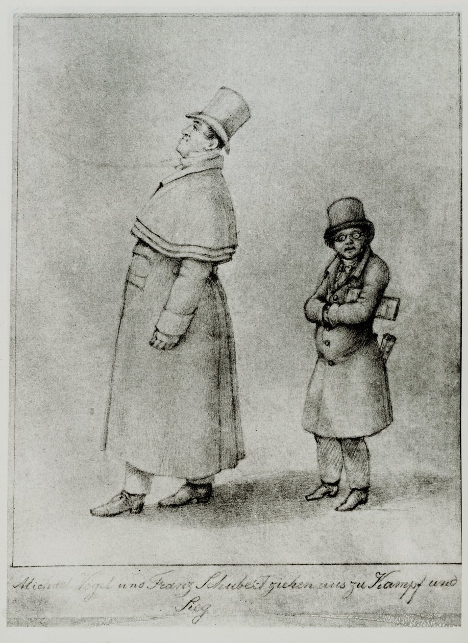 Johann Michael Vogl och Franz Schubert marscherar till strid och seger ... (gravyr) av Moritz Ludwig von Schwind