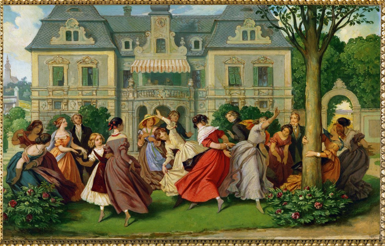 Samhällsspel, en herrgård i bakgrunden ... (oljemålning) av Moritz Ludwig von Schwind