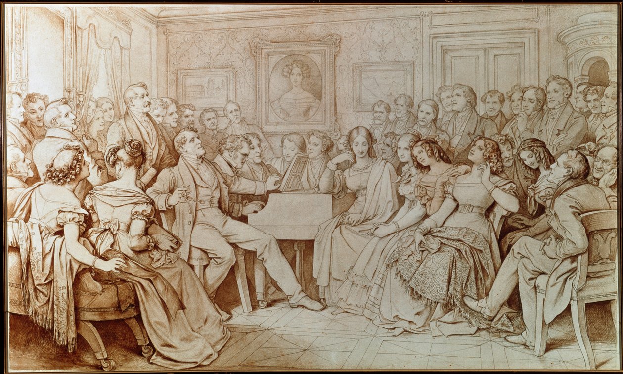 Kompositören Franz schubert ackompanjerar tenoren Johann Michael Vogl vid en musikalisk kväll på Baron von Spaun (Teckning av Moritz Ludwig von Schwind