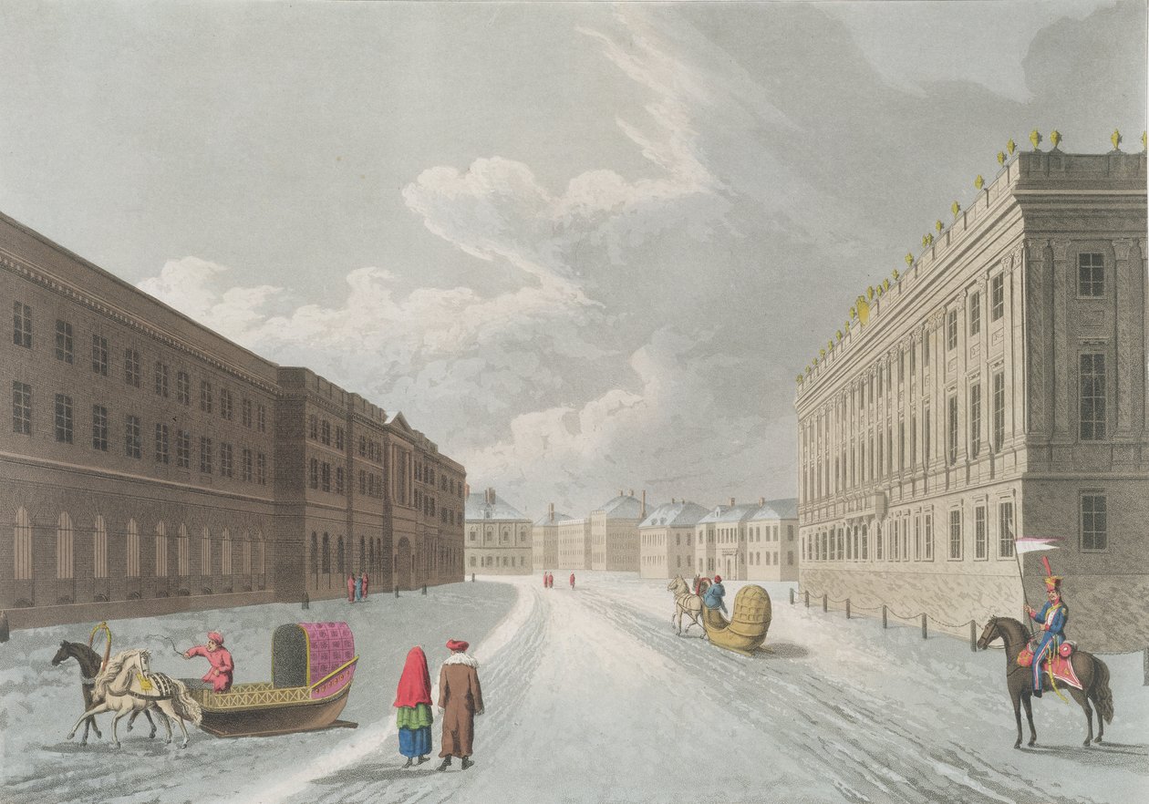 Beskåda av marmorpalatset i Grand Millione, St. Petersburg, illustration för februari från "Ett år i St. Petersburg" etsat av John H. Clark, färgat av M. Dubourg, pub. 1815 i London av Edward av Mornay