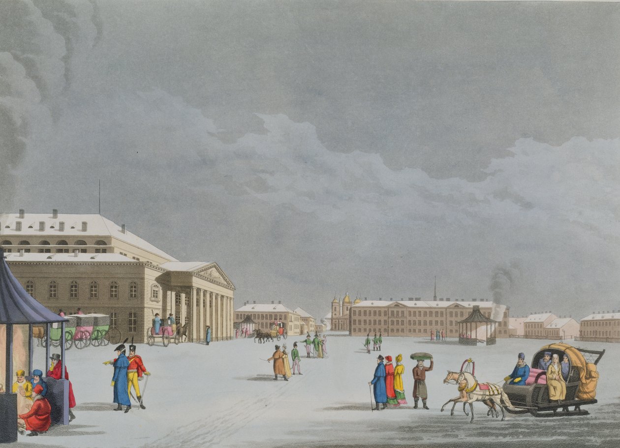Vy över torget och Grand Theatre i St. Petersburg, illustration för mars från "A Year in St. Petersburg" etsat av John H. Clark, färgad av M.Dubourg, pub. 1815 i London av Edward Orme (ca av Mornay