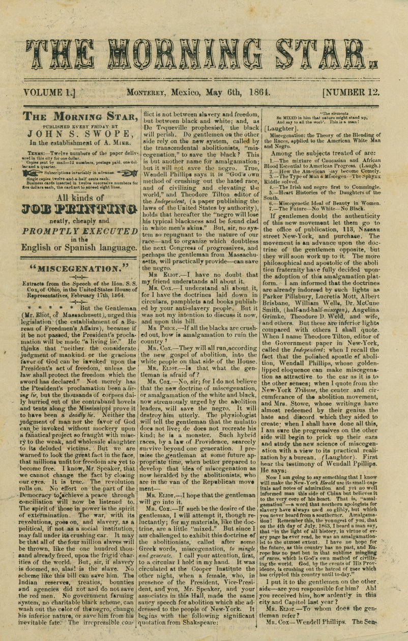 Includes article about proposed legislation on miscegenation and news of the Civil War av Morning Star
