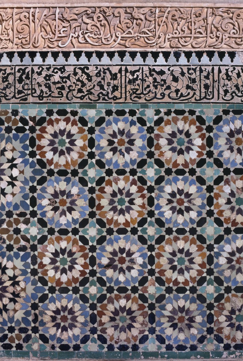 Vägg på huvudgården, detalj, byggd av saadianerna 1565 (zellij kakel- och stuckaturarbete) av Moroccan School