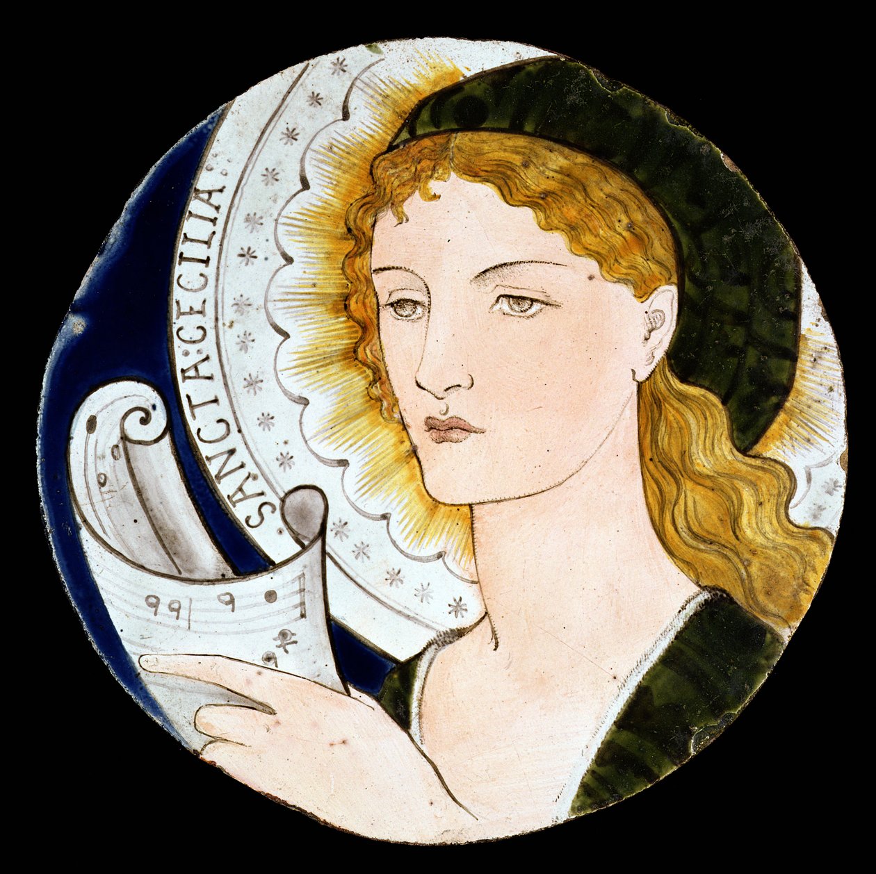 C.2-1922 Morris and Company-bricka föreställande St. Cecilia, designad av Edward Burne-Jones (1833-98), målad av Kate Faulkner, ca 1865 (målad lergods) av Morris and Company