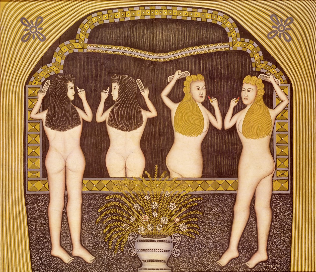 Två kvinnor framför en spegel av Morris Hirshfield