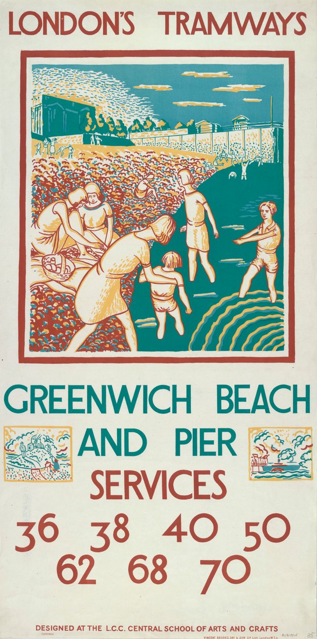 "Greenwich Beach and Pier", London County Council LCC Tramways affisch, 1925 av Morris Kestelman