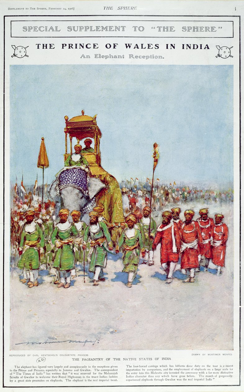 En elefantmottagning för prinsen av Wales, illustration från "The Sphere", 1906 av Mortimer Ludington Menpes