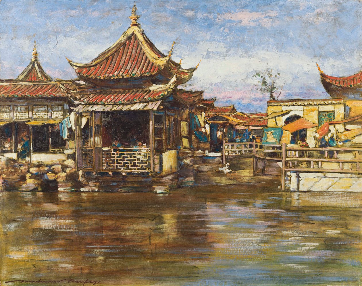 Ett tehus i Shanghai, ca 1909 (gouache och olja på papp) av Mortimer Ludington Menpes