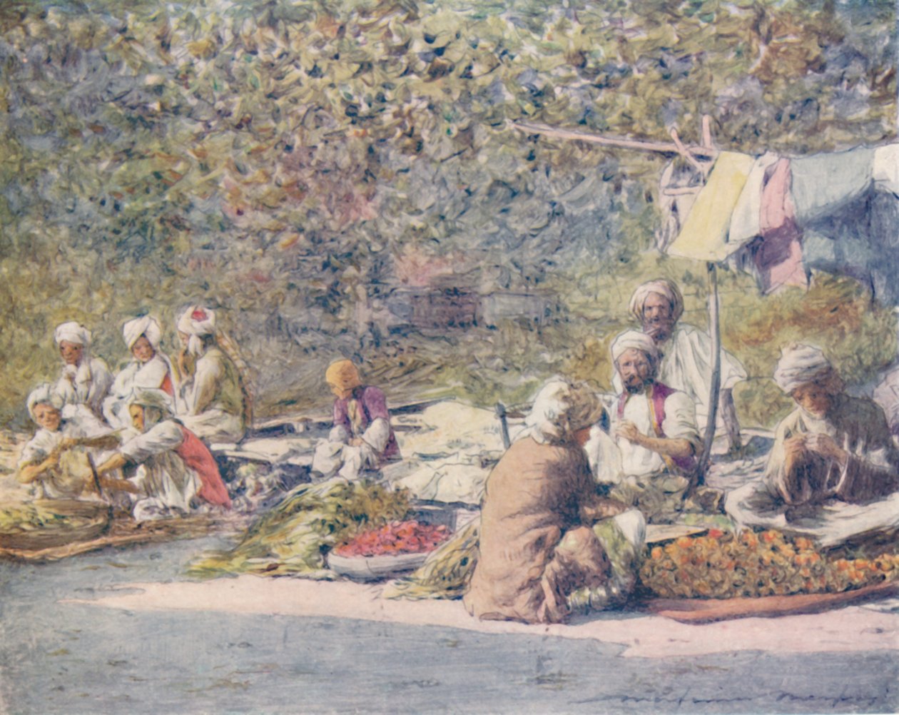 En grönsaksmarknad, Peshawur, 1905 av Mortimer Ludington Menpes