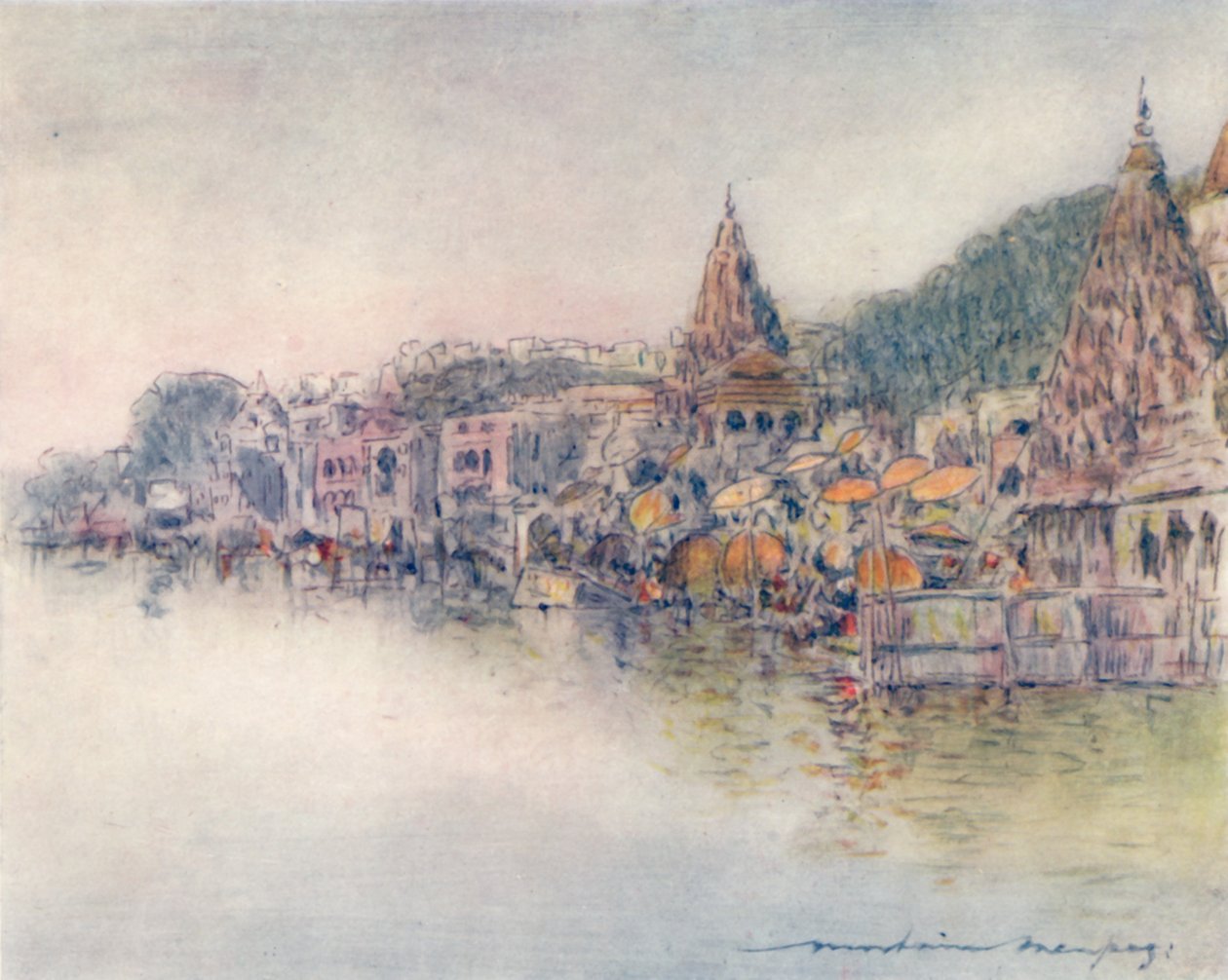 På stranden av Holy River, Benares, 1905 av Mortimer Ludington Menpes