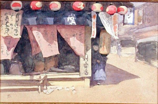 Utanför ett tehus, Japan, ca 1887-88 (akvarell på kort) av Mortimer Ludington Menpes