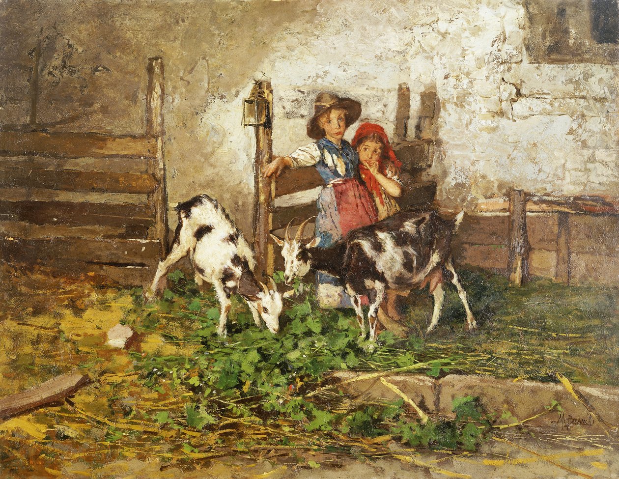 Barn och getter i en lada, av Mose Bianchi