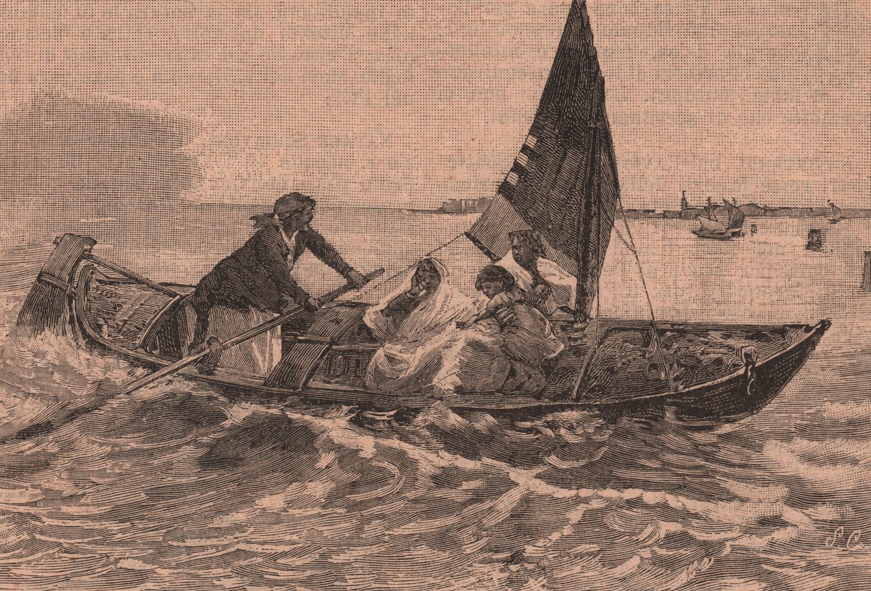 Korsar lagunen, målning av Mose Bianchi (1836-1892), Chioggia, Veneto, Italien, träsnitt från Le cento citta d