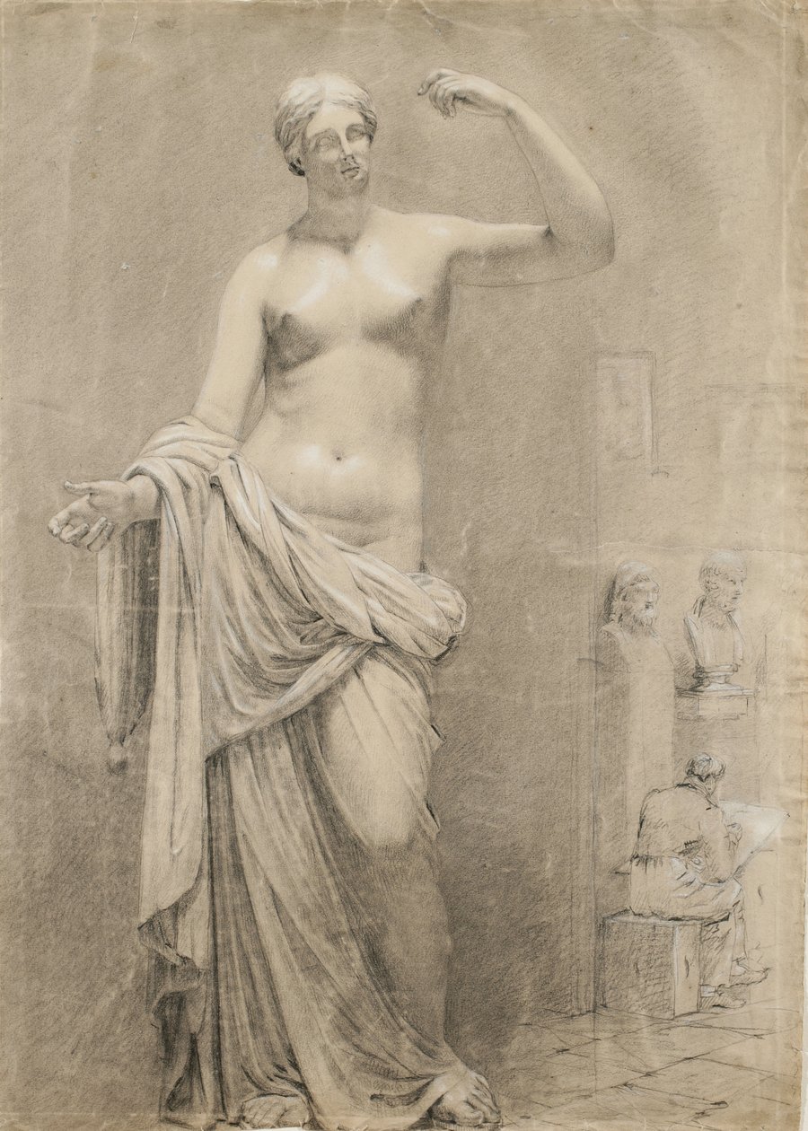 Cast of Venus med studentskiss i bakgrunden (svart krita med vit förhöjning på papper) av Moseley Danforth