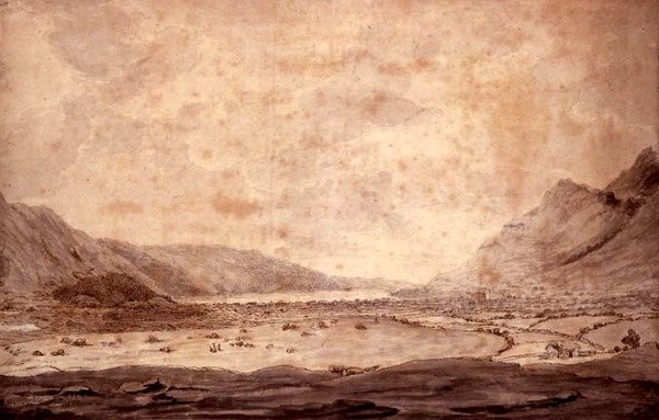 Panoramautsikt över Derwentwater och Vale of Keswick, detalj av en dal med Bassenthwaite i fjärran, ca 1772 av Moses Griffith