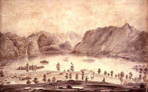 Panoramautsikt över Derwentwater och Vale of Keswick, detalj av den västra sidan av Derwent Water, ca 1772 av Moses Griffith