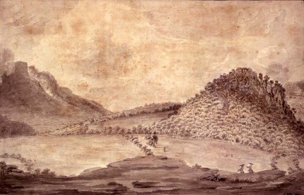 Panoramautsikt över Derwentwater och Vale of Keswick, detalj av landskapet inklusive Castle Head, ca 1772 av Moses Griffith
