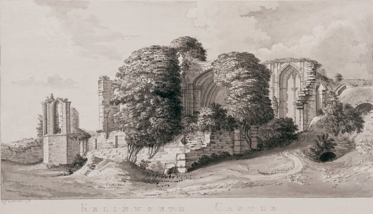 Kenilworth Castle, 1776 (penna, pensel och bläck på papper) av Moses Griffith