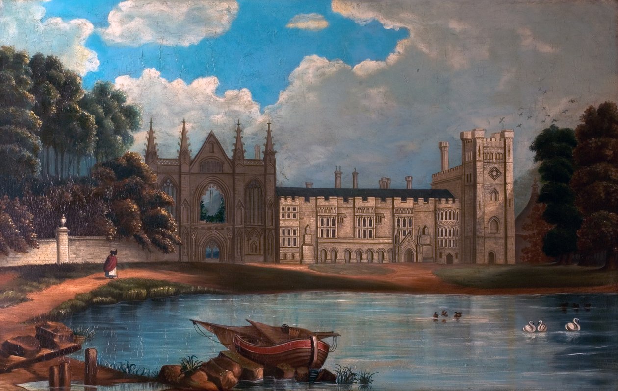 West View of Newstead Abbey, Nottinghamshire, 1820-34 (olja på trä 65 x 101,5) av Moses after Webster