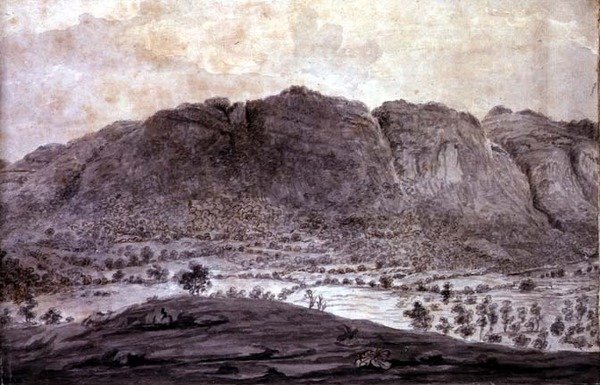 Panoramautsikt över Derwentwater och Vale of Keswick, detalj av berg, ca 1772 (penna och tvätt på papper) (se 92086-90) av Moses (attr. to) Griffith