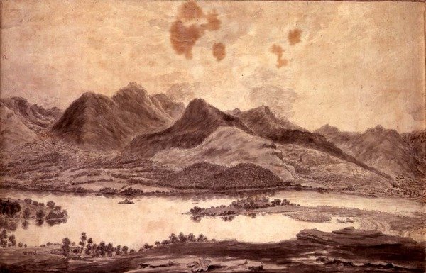 Panoramautsikt över Derwentwater och Vale of Keswick, detalj av den norra änden av Derwent Water, ca 1772 (penna och tvätt på papper) (se 92086 och 92088-91) av Moses (attr. to) Griffith