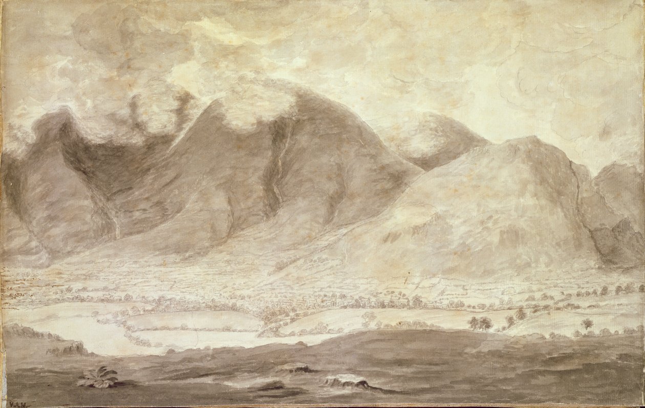 Panoramautsikt över Derwentwater och Vale of Keswick, detalj av Skiddaw och Keswick, ca 1772 penna och tvätt på papper se 92086-88 och 92090-91 av Moses Griffith