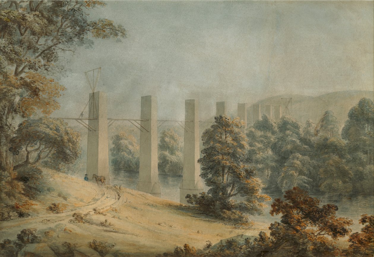 Pant-y-Gessylte Aqueduct, Pontcysyllte (akvarell på papper) av Moses Griffith