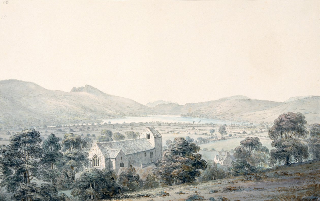 Utsikt över Bala Pool, Llyntagit, från ovanför Llanfawr Church, Meirionethshire av Moses Griffith