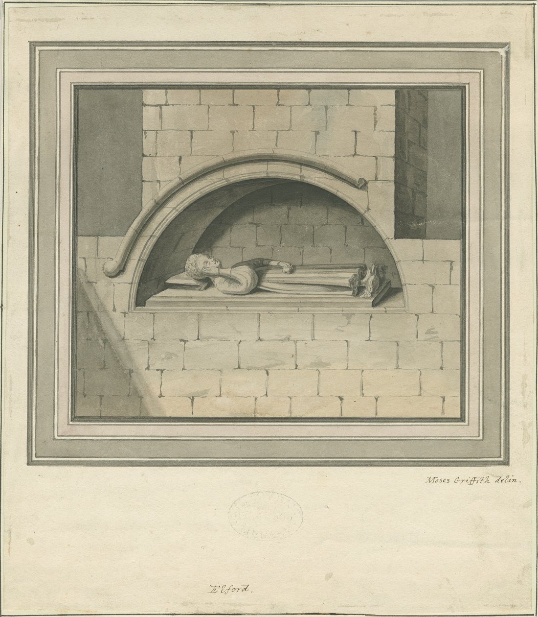 Elford Church - "The Stanley Monument": akvarellteckning, nd [? 1700-talet] av Moses Griffiths