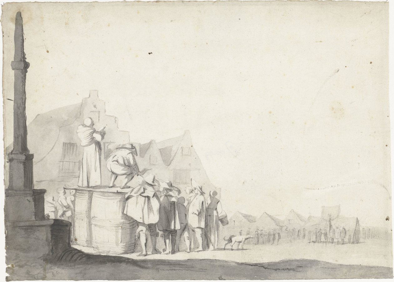 Marknadstorget med utropare på en tunna av Moses ter Borch (possibly)
