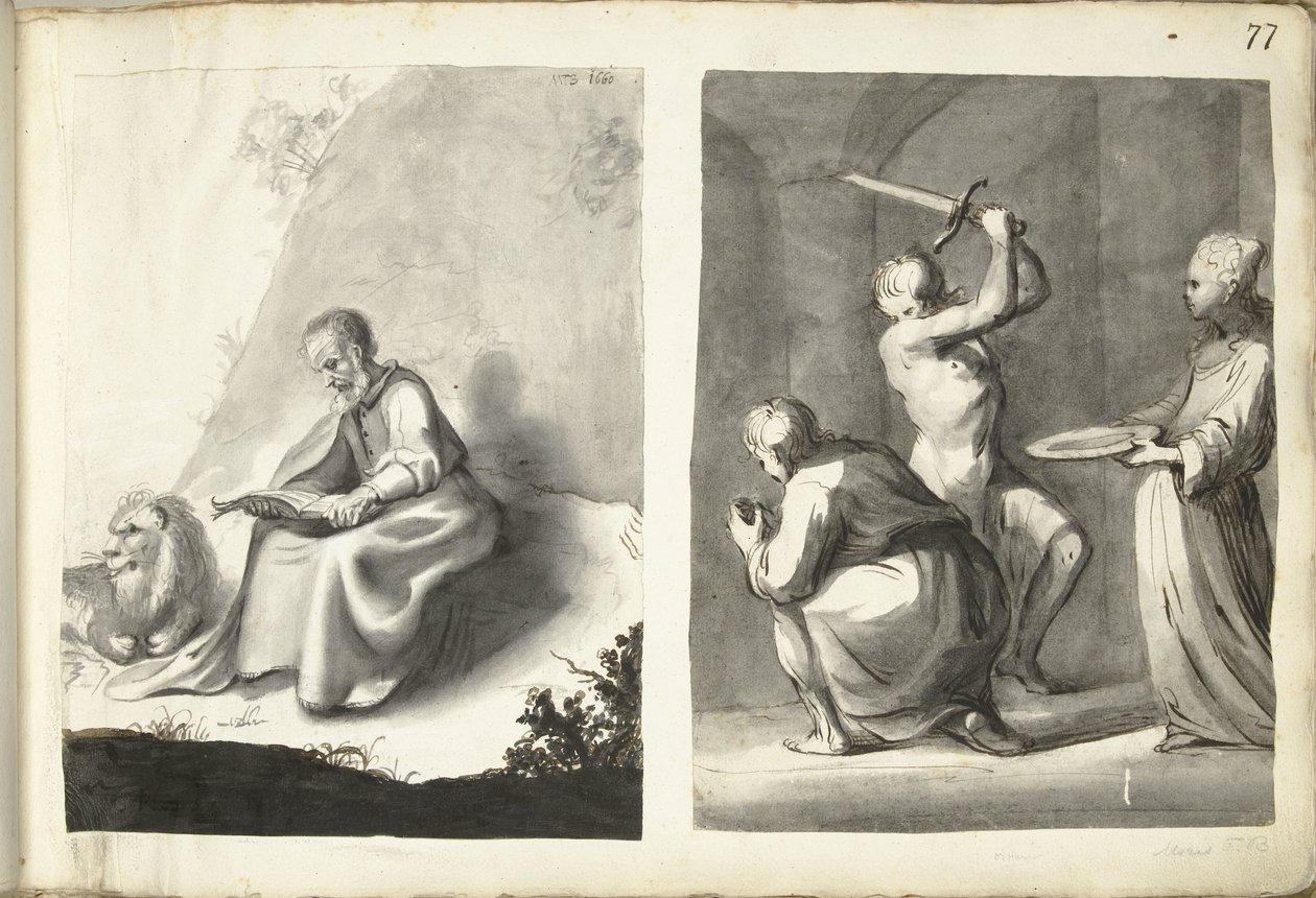 Den helige Hieronymus i öknen och halshuggning av Johannes Döparen av Moses ter Borch (signed by artist)