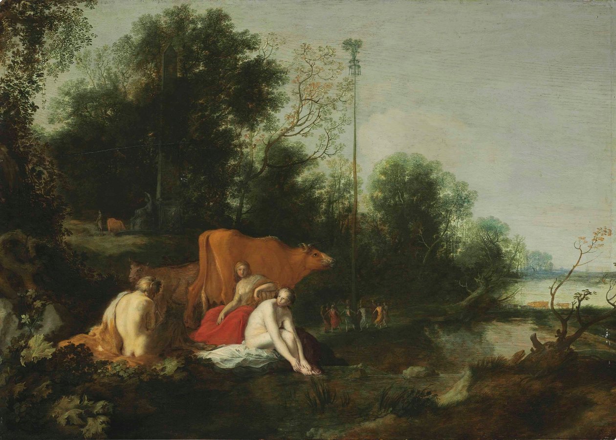 Tyska: Pan und Nymphen beim Baden Landskap med satyr, nymfer och boskap av Moses van Uyttenbroeck