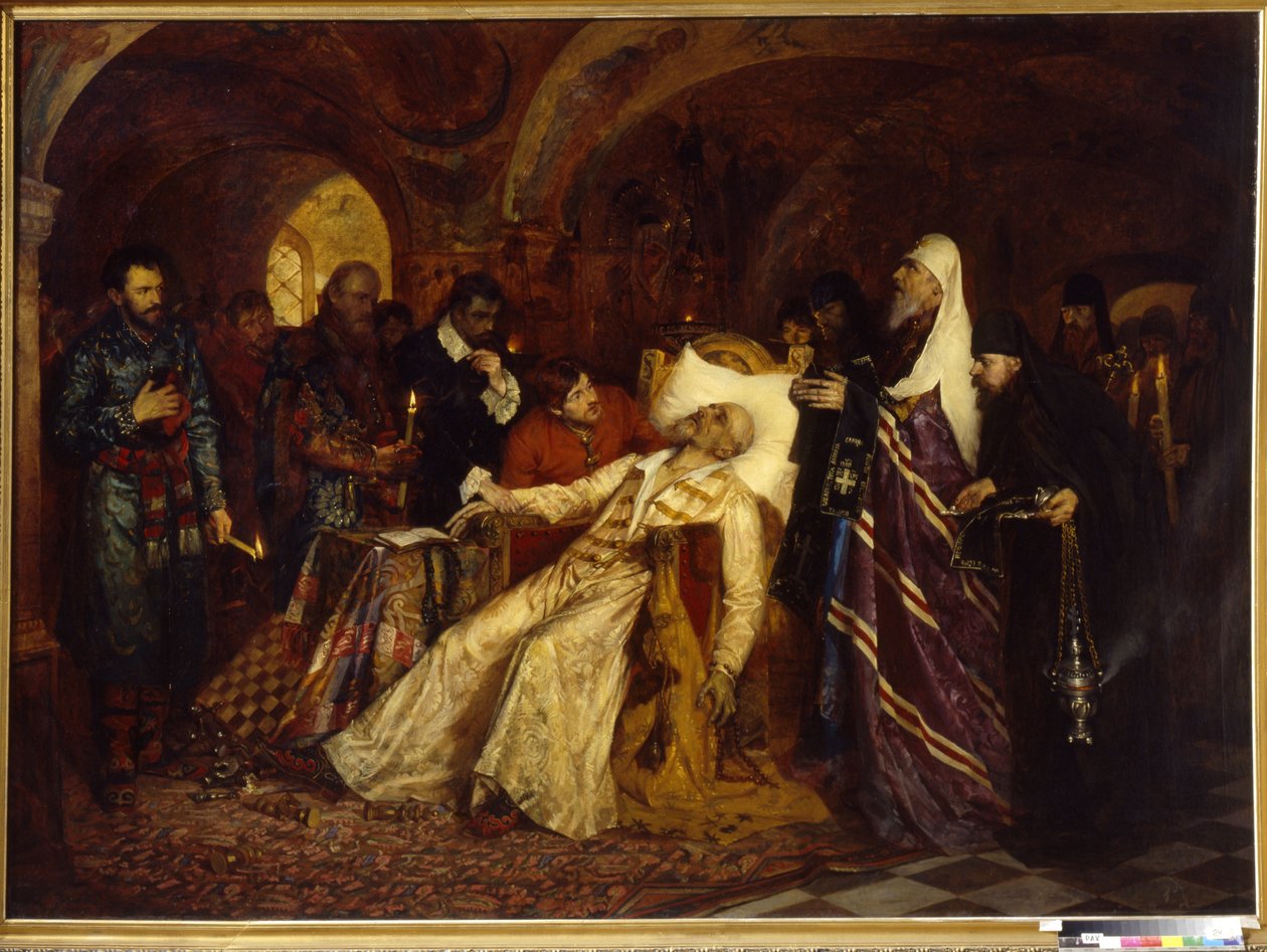 Metropolitan helgar tsar Ivan IV av Ryssland, känd som Le Terrible (1530-1584) (Metropolitan helgar tsar Ivan den förskräcklige till det stora schemat). Målning av Moisei Lvovich Maimon (1860-1924), olja på duk av Moshe Maimon